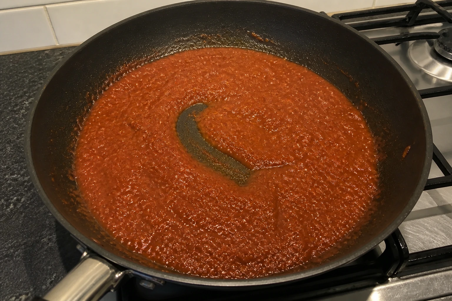 Reduced butter chicken tomato base holding a curved spoon track in a home kitchen pan