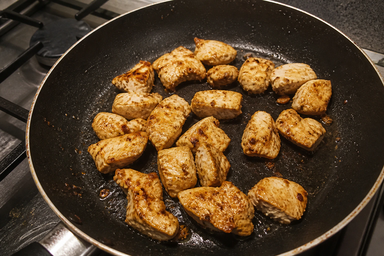 Irregular Cajun-seasoned chicken pieces searing with varied golden contact patches in a used frying pan