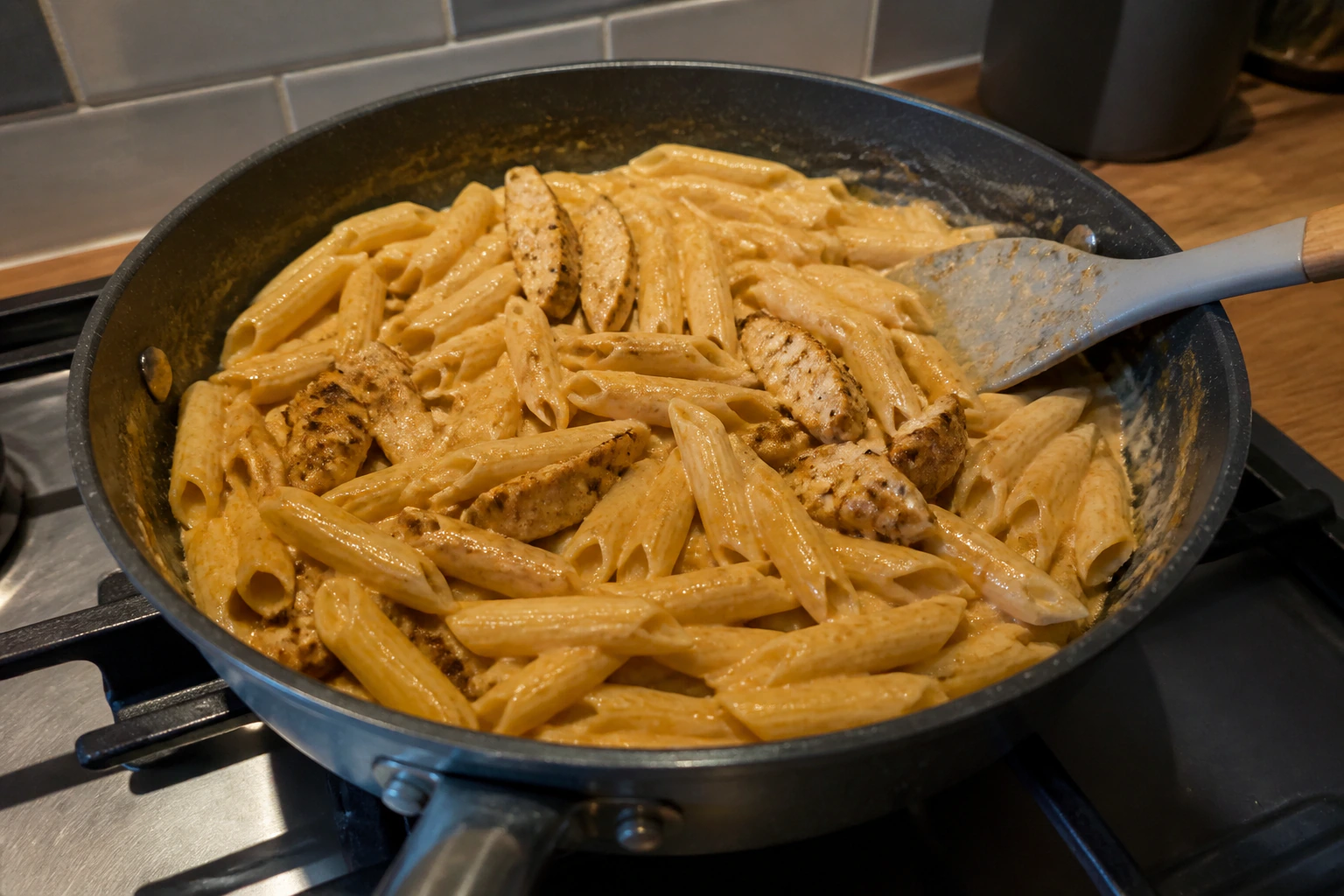 Cajun-style chicken pasta being tossed in a glossy creamy sauce in an everyday kitchen pan