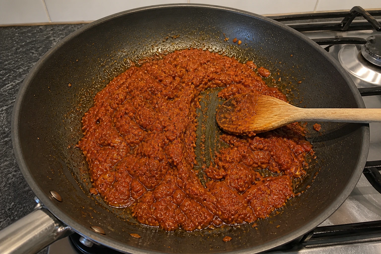 Thick cooked tomato masala leaving a clean track across the bottom of the pan