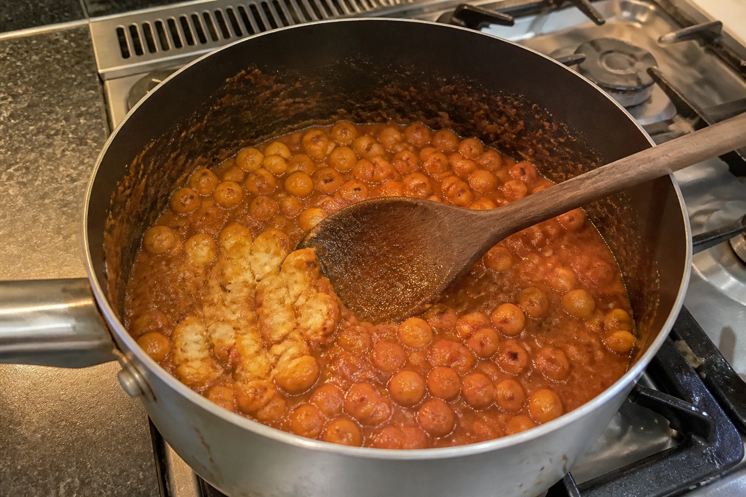 A wooden spoon mashing a small portion of chickpeas against the side of a pan of chana masala