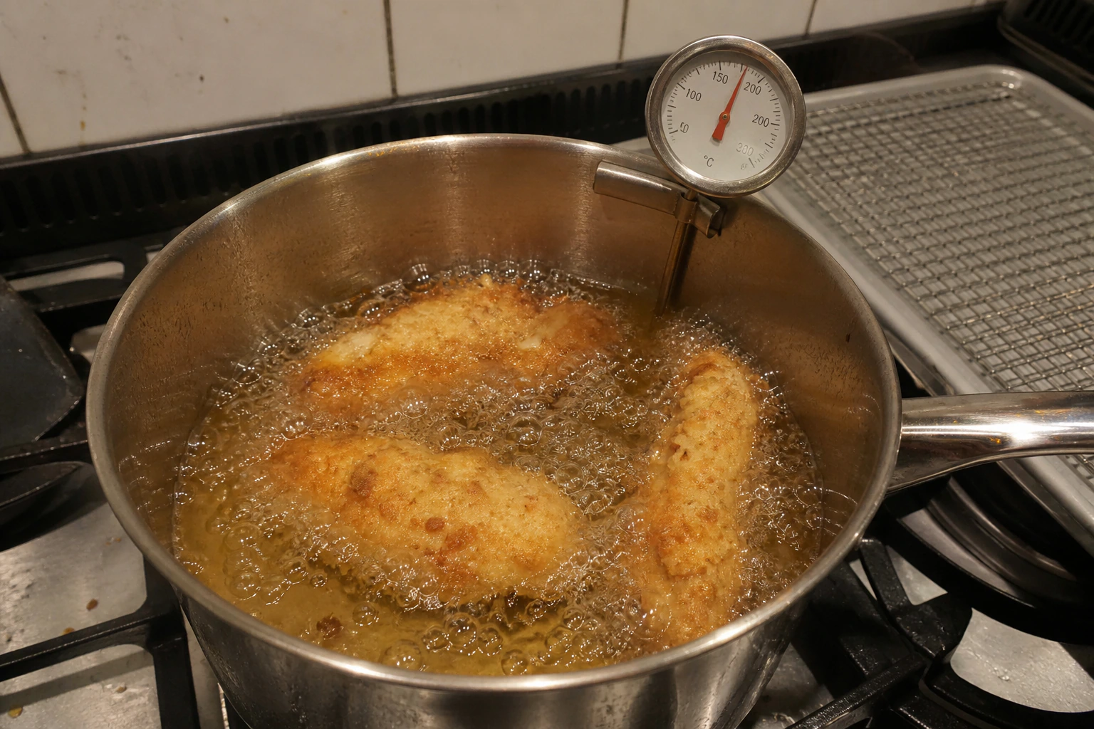 Irregular breaded chicken strips frying in a saucepan beside a deep-fry thermometer and wire rack
