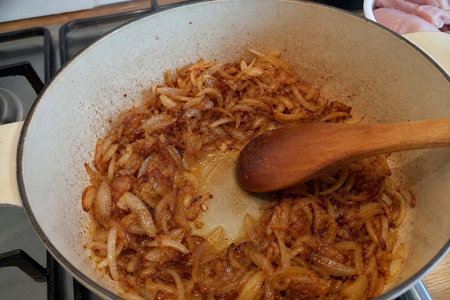 Thinly sliced onions cooked to a deep even golden brown in a heavy saucepan
