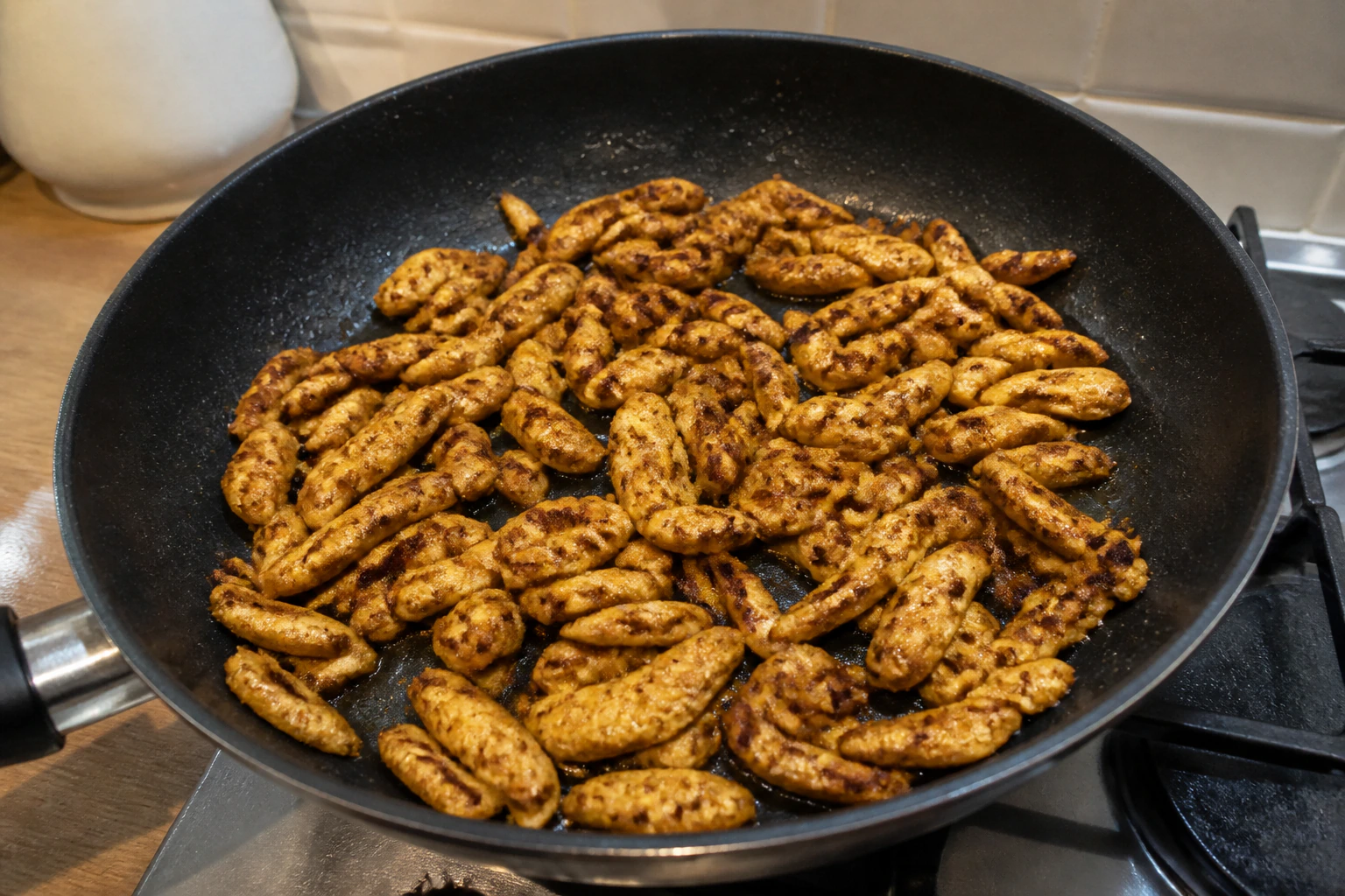 Chicken shawarma pieces developing dark caramelised edges in a hot cast-iron pan in a home kitchen