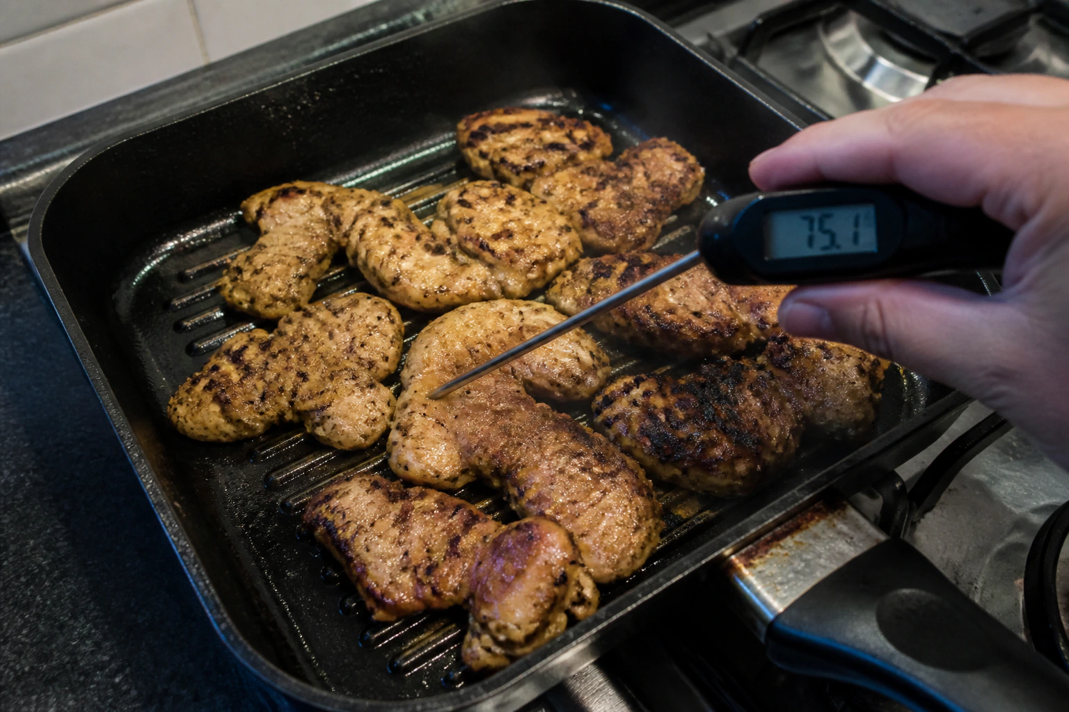 Naturally varied shawarma chicken pieces in a griddle pan while the thickest piece is probed