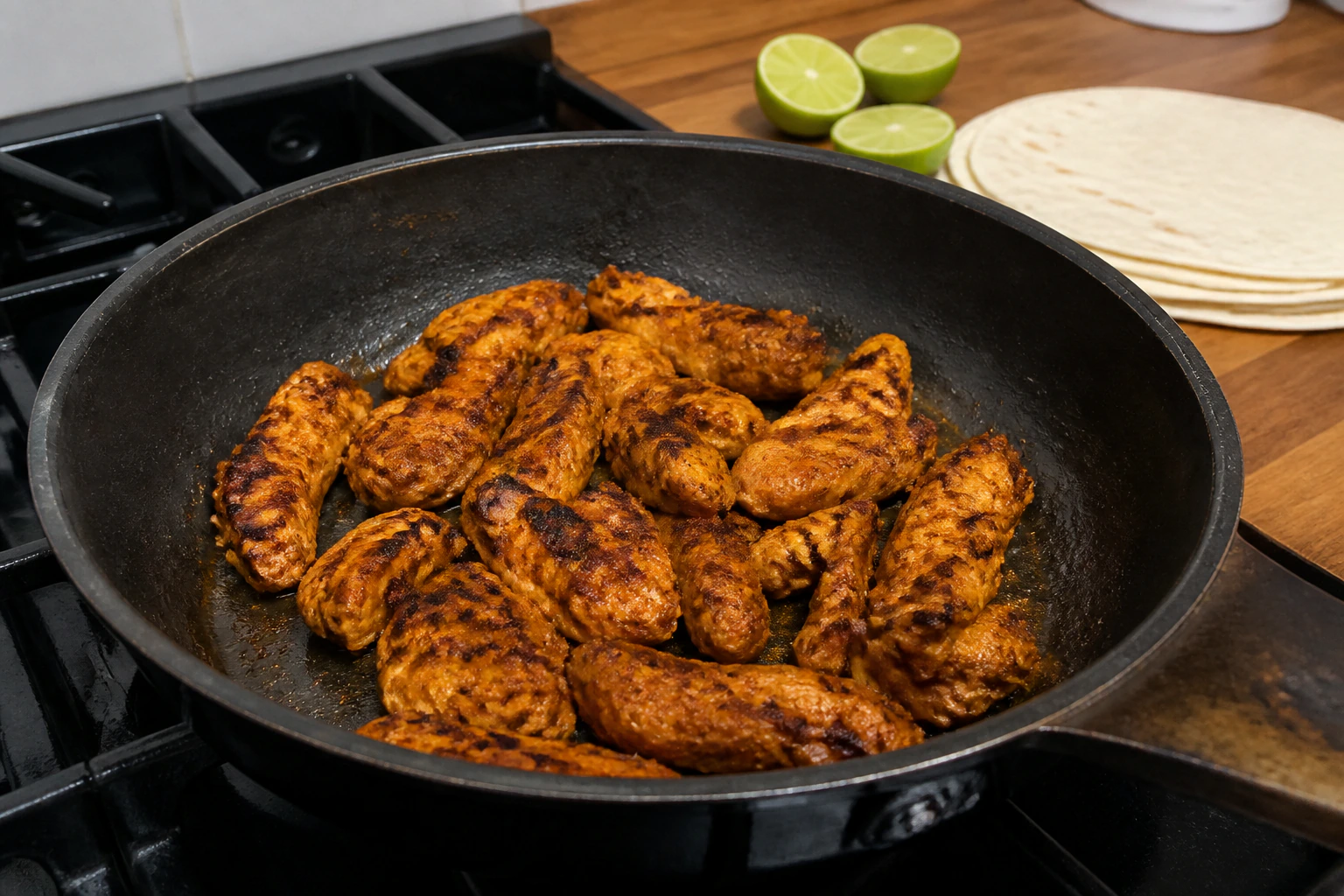 Chicken pieces with natural charred patches cooking on a hot griddle pan in an ordinary kitchen
