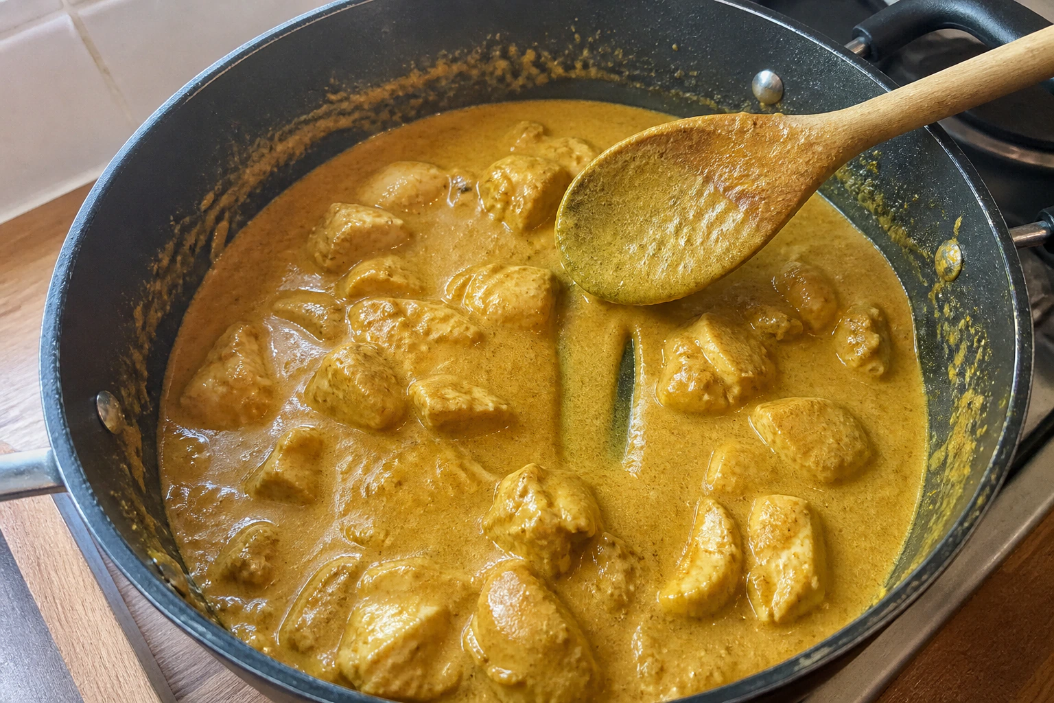 Coconut chicken curry at a gentle uncovered simmer with a reduced sauce coating the chicken pieces