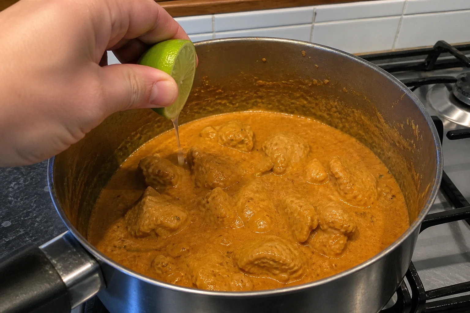 Fresh lime juice squeezed into thick coconut chicken curry after the heat is turned off