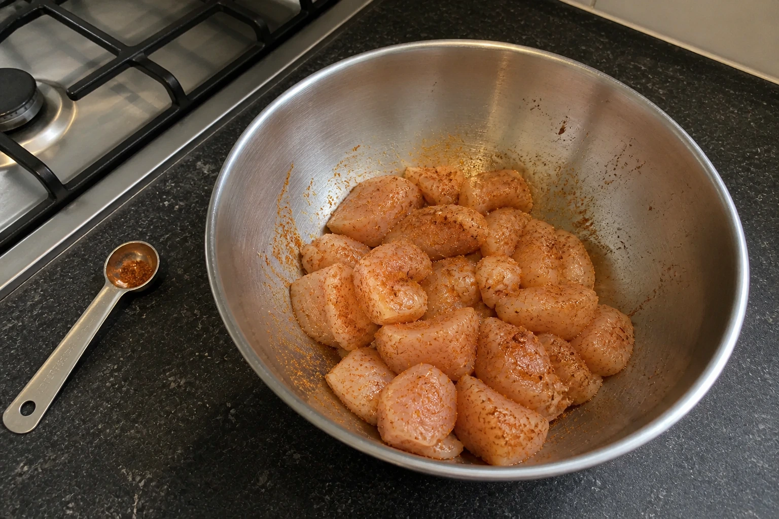 Raw chicken pieces lightly dusted with seasoning in a metal bowl beside a measuring spoon