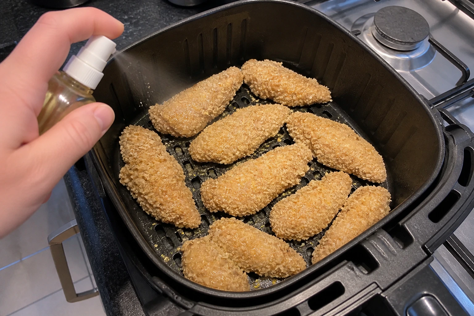 Breaded chicken tenders spaced in an air fryer basket while oil is sprayed over dry crumb patches