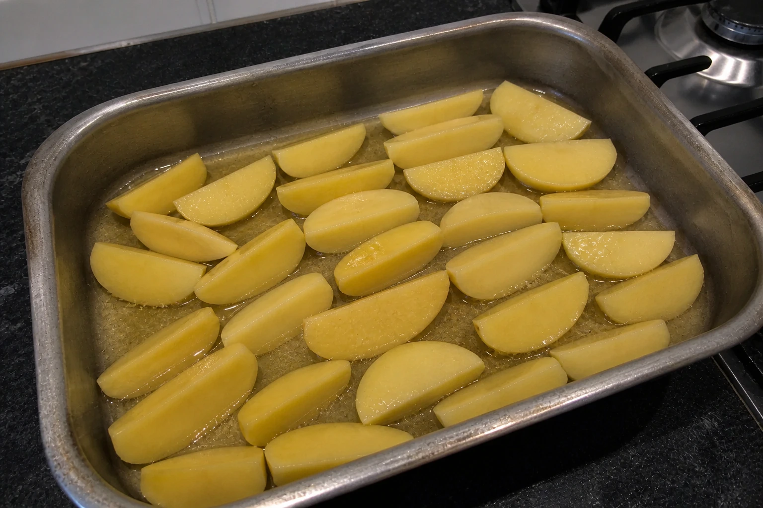Raw lemon potato wedges arranged without stacking in one layer in a deep roasting dish