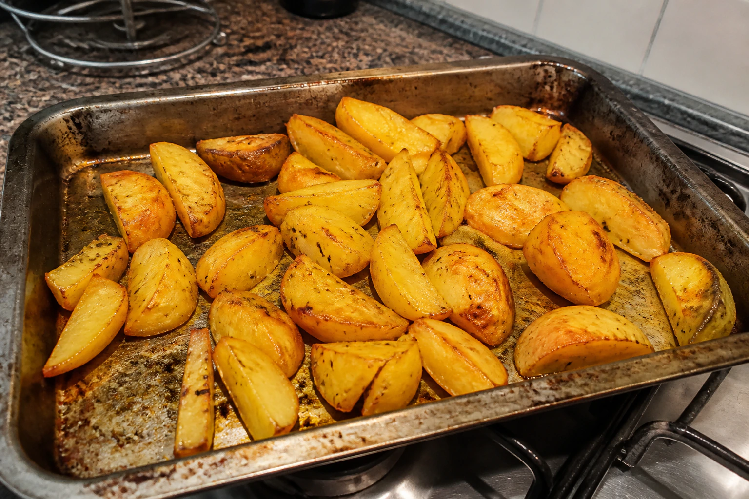 Lemon roast potato wedges after the stock has evaporated with deeply golden crisp edges in a roasting dish