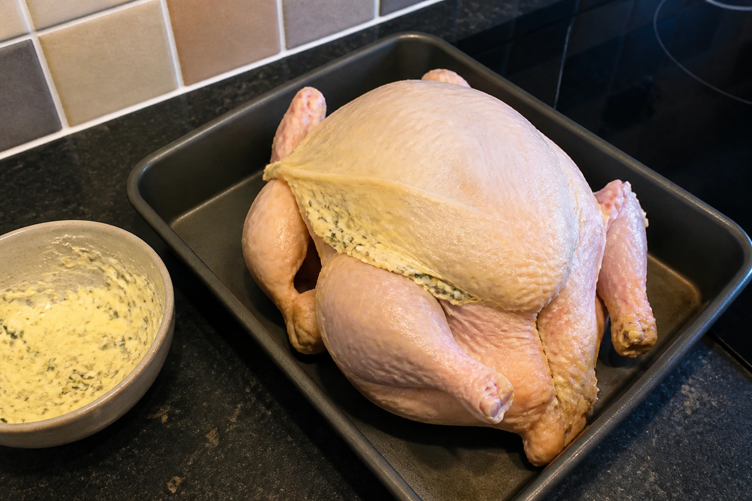Hands gently spreading herb butter underneath the loosened breast skin of a whole chicken in a roasting tray