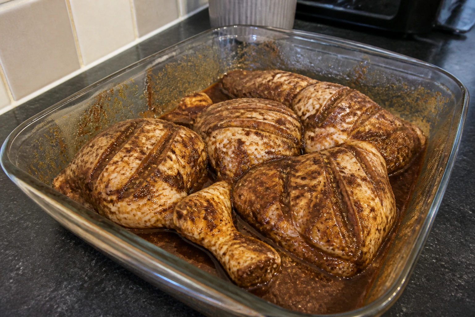 Chicken pieces with shallow cuts thoroughly coated in a rough green-brown jerk marinade on a kitchen tray
