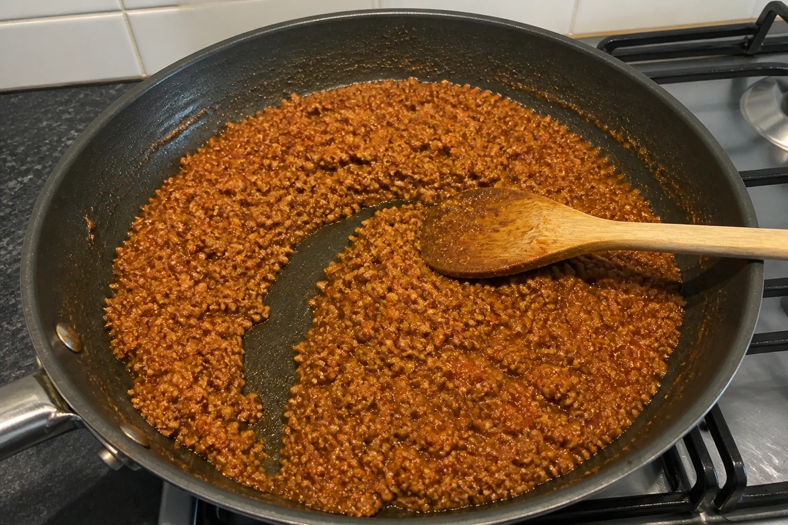 Keema evenly coated in thick tomato masala with a clean track showing no loose liquid