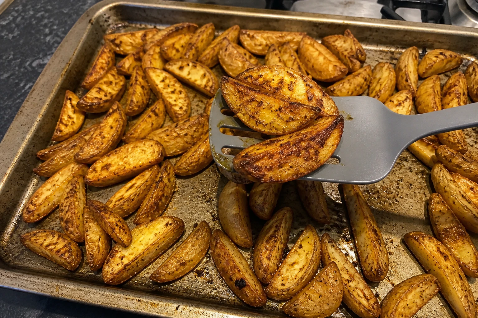 Deeply golden crisp potato wedges lifted from a well-used metal oven tray
