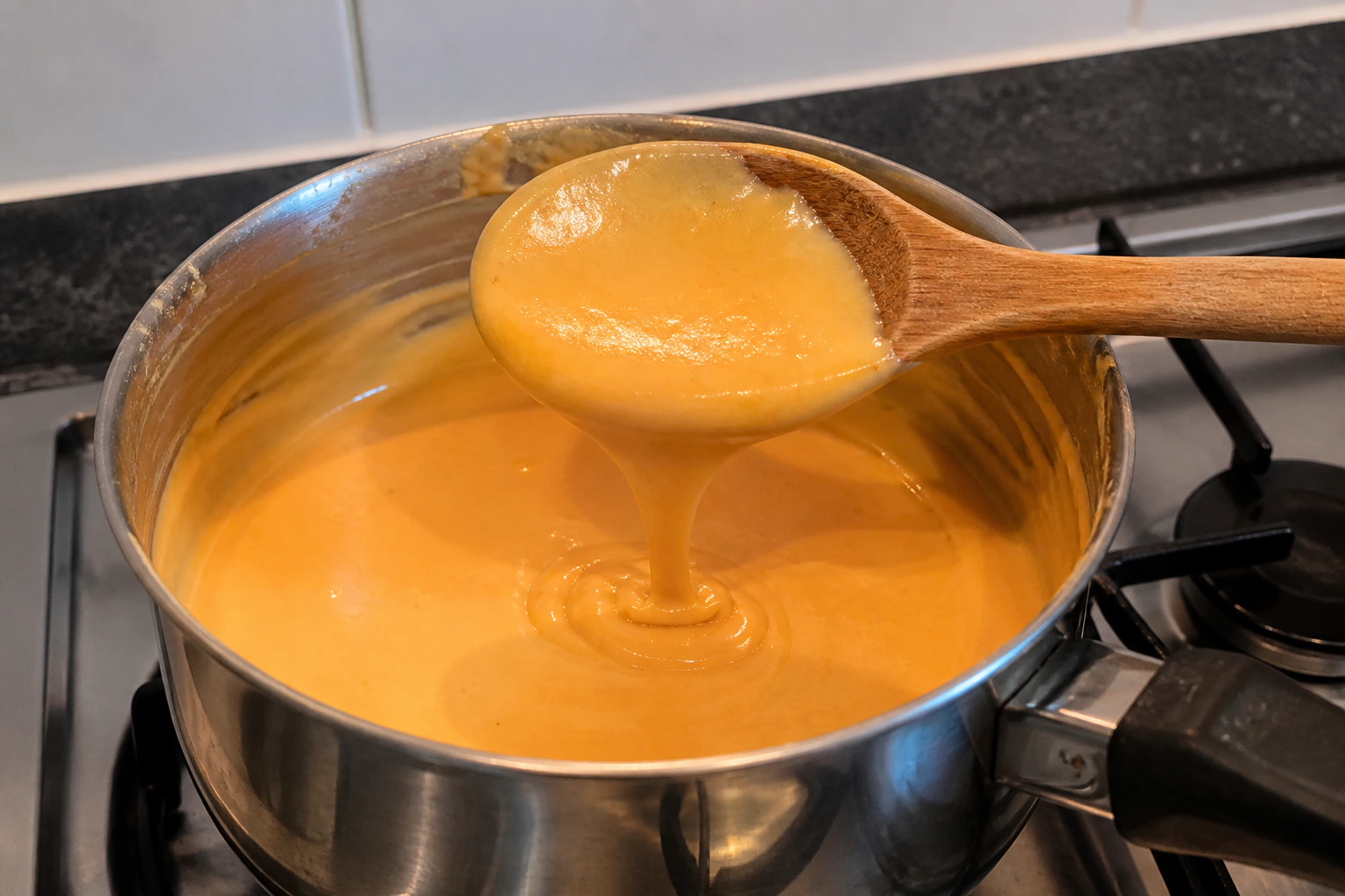 A thick smooth cheddar cheese sauce coating a whisk in a small saucepan in a home kitchen