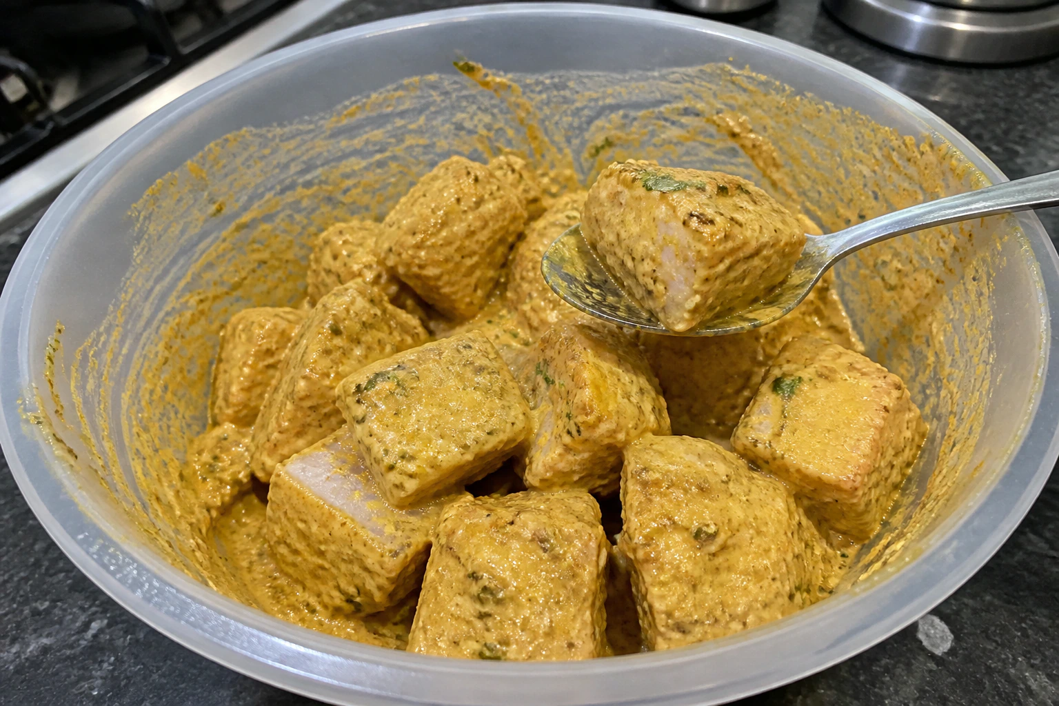 A spoon lifting thick gram flour pakora batter that holds ridges in a mixing bowl in a home kitchen