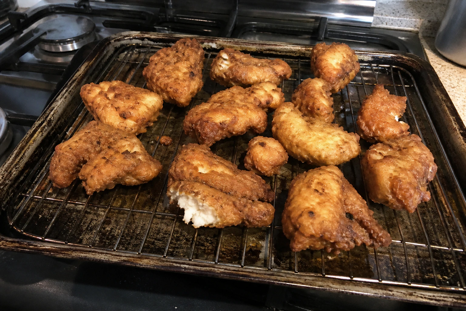 Irregular masala fish pakoras with flaky white fish visible draining on a wire rack