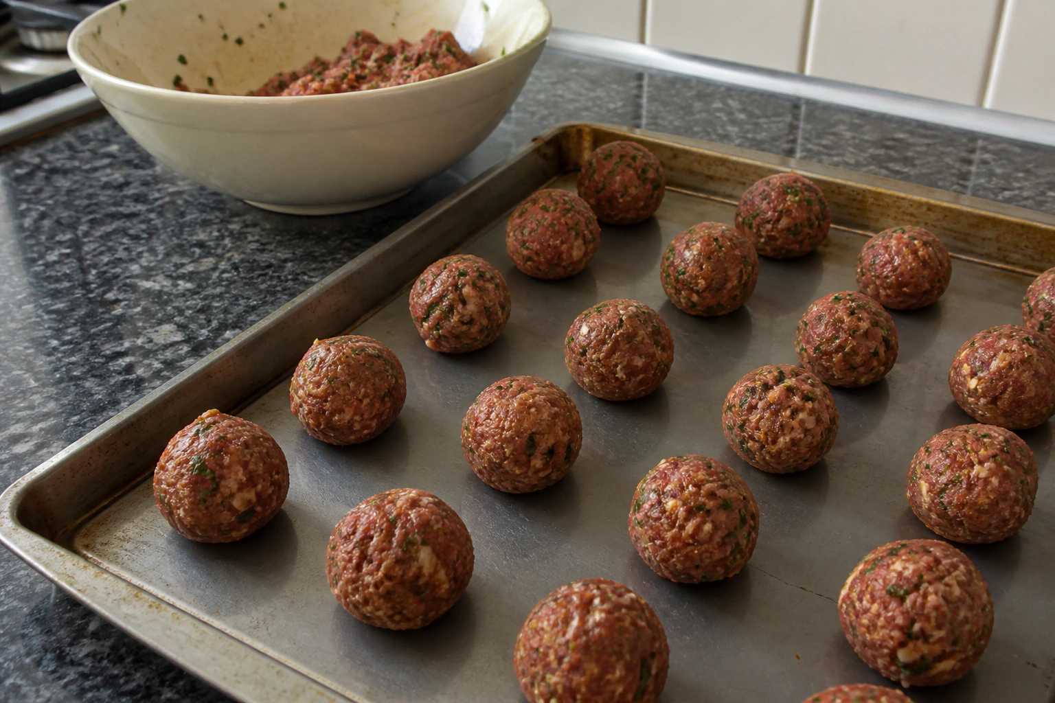 Eighteen small evenly shaped lamb meatballs arranged on a plate before browning in a home kitchen