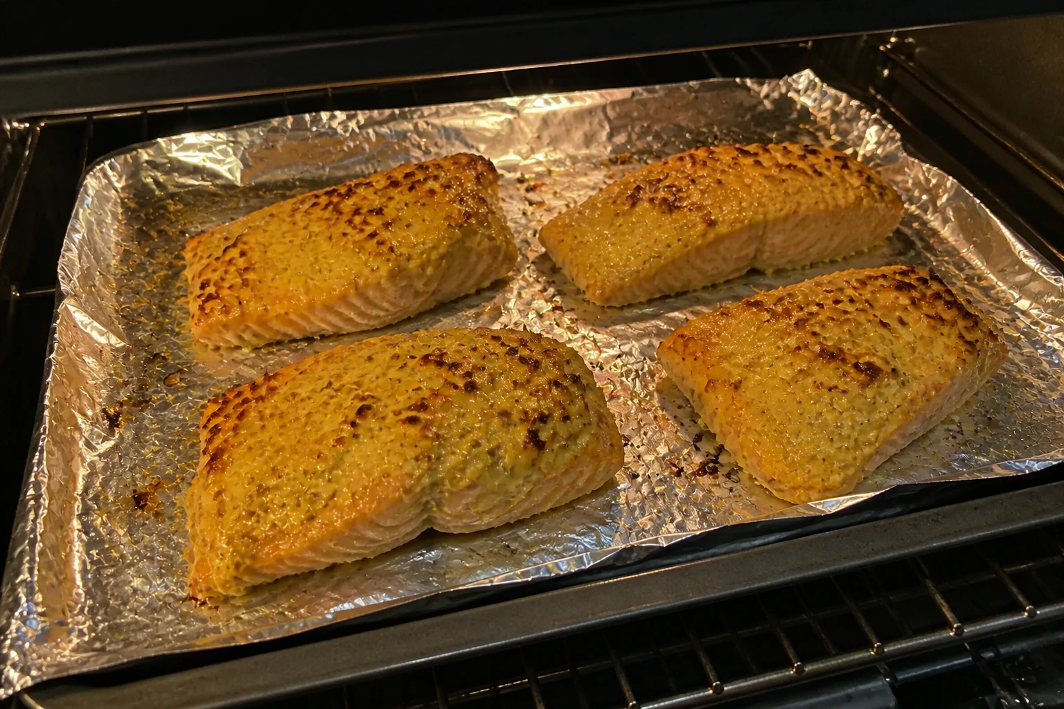 Mustard-coated salmon under the grill with patchy golden colour developing on top