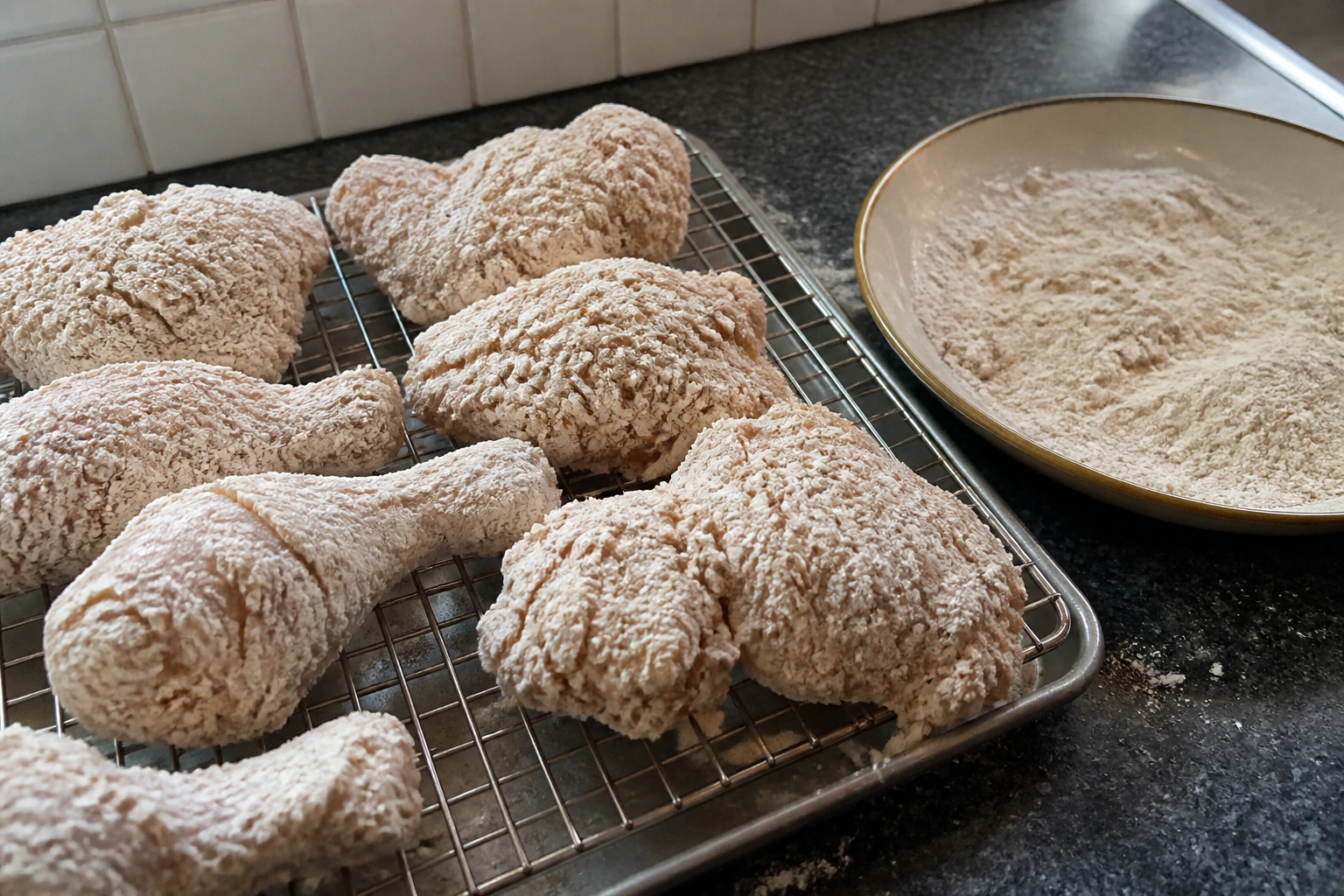Chicken pieces with a thick craggy double flour coating resting on a wire rack before frying