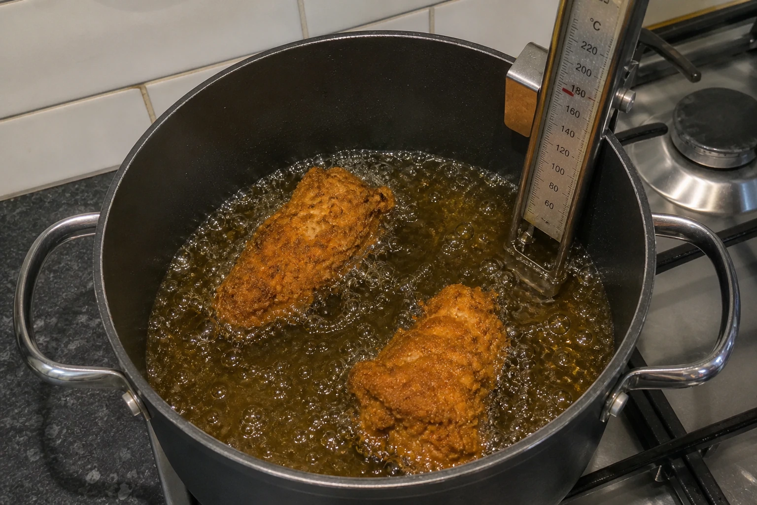 Two breaded chicken pieces frying without crowding beside a clipped deep-fry thermometer