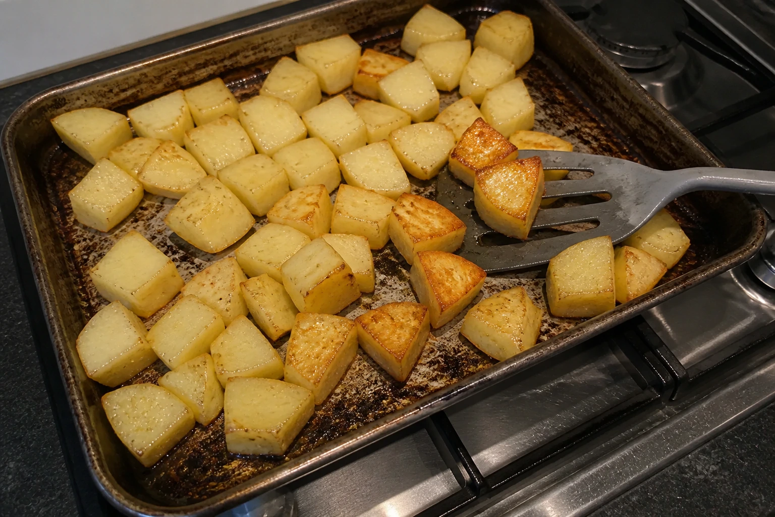 Half-roasted potato cubes being turned to reveal firm golden undersides on a used tray