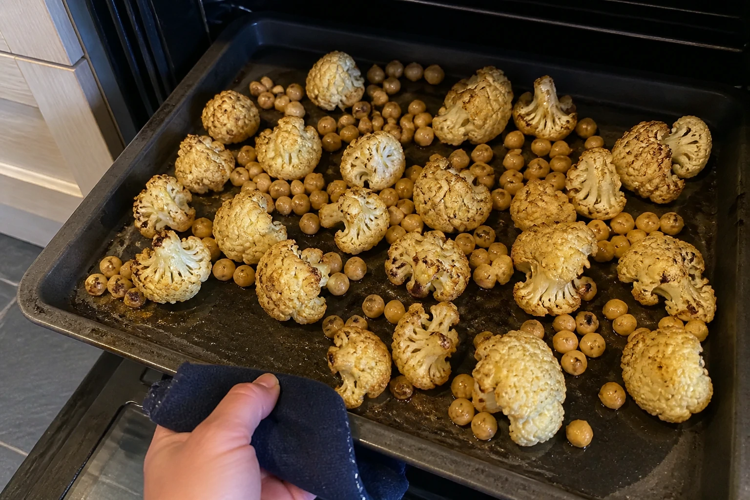 Drained chickpeas scattered onto a tray of partially roasted cauliflower halfway through cooking