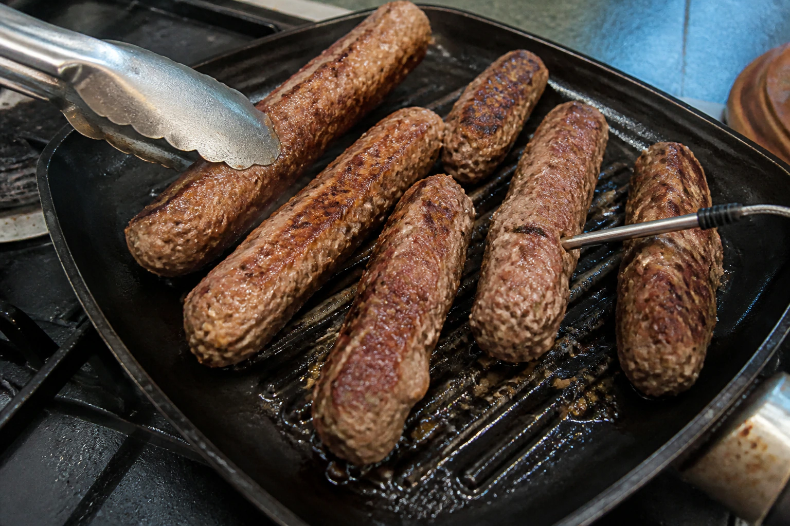 Rustic hand-shaped seekh kebabs turning in a griddle pan while a thick centre is probed