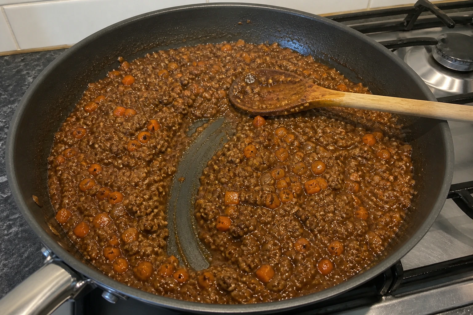 Thick shepherd's pie filling holding a clear spoon path in a home kitchen pan