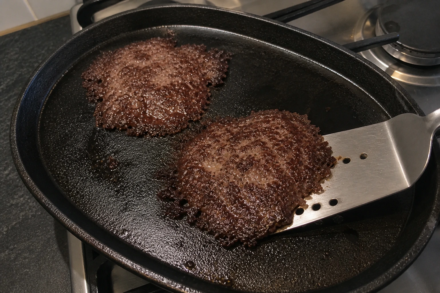 Thin smash burger patties with dark lacy crusts and crisp irregular edges lifting from cast iron