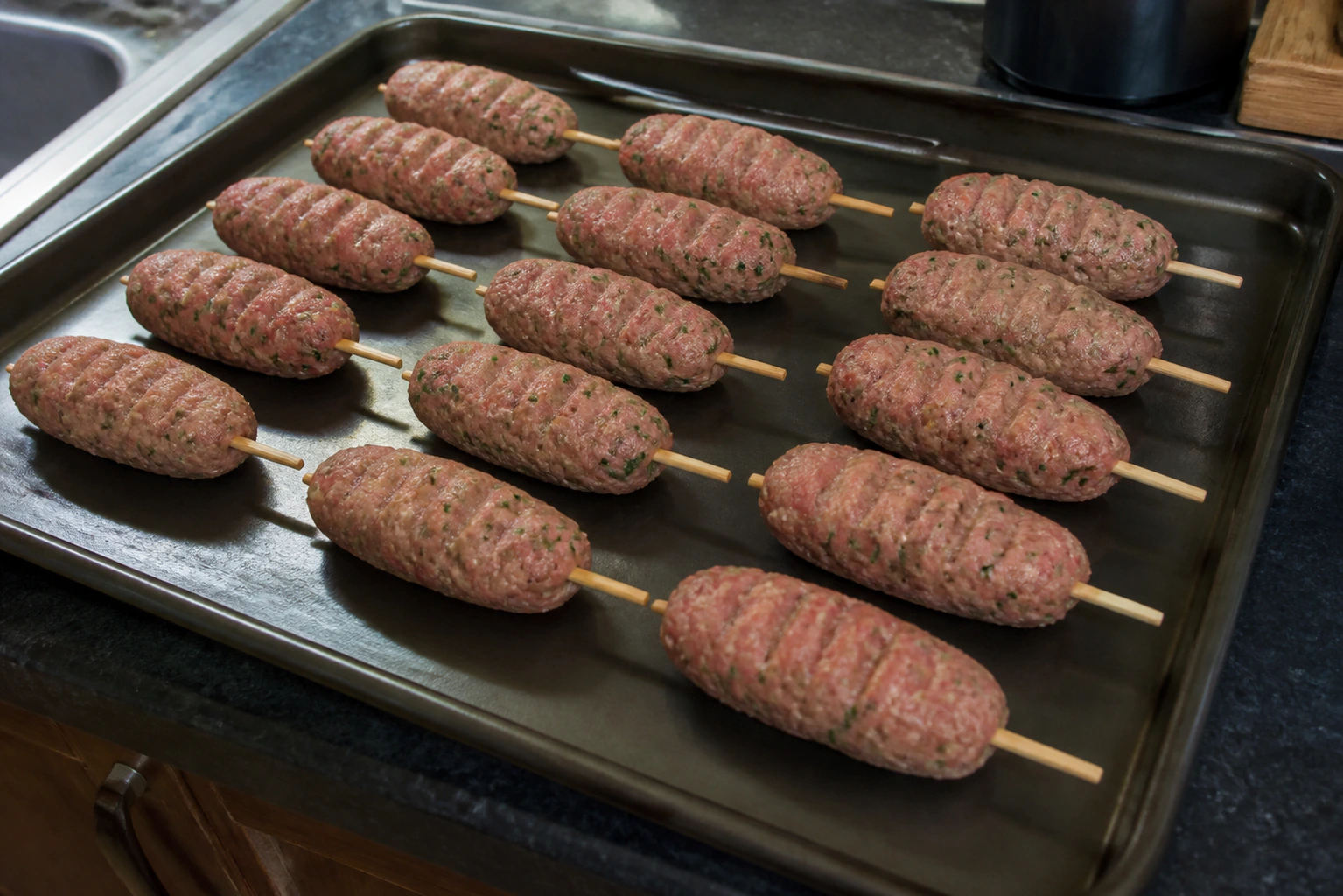 Evenly shaped lamb kofta pressed around skewers and arranged on a kitchen tray before chilling