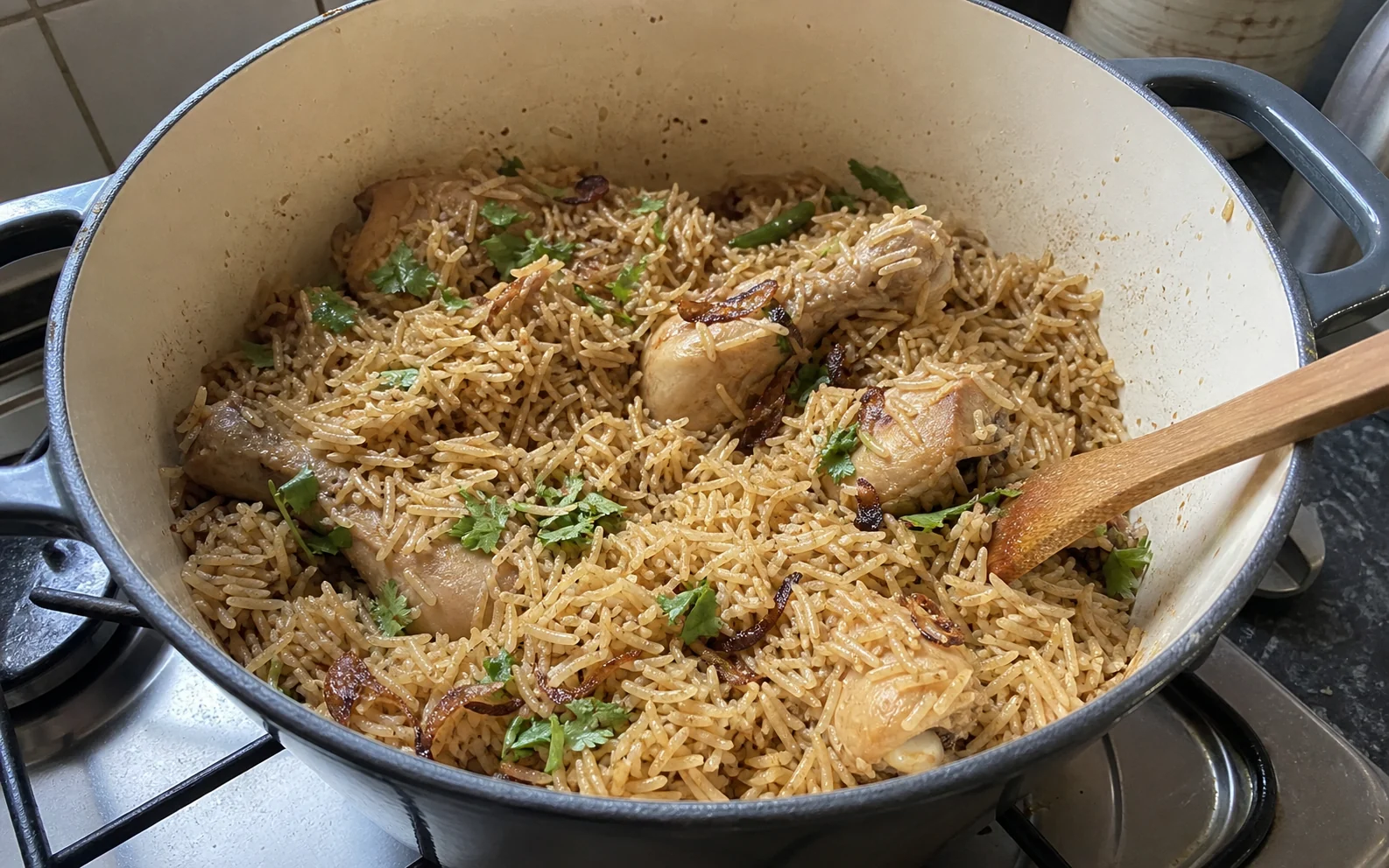 One-pot chicken pilau with separate basmati grains, bone-in chicken and browned onions