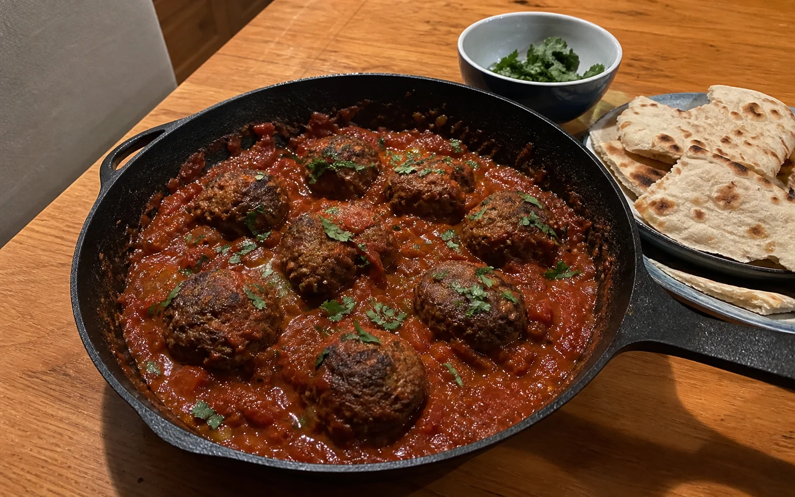 Moroccan-inspired lamb meatballs in thick tomato sauce with flatbread on a kitchen table