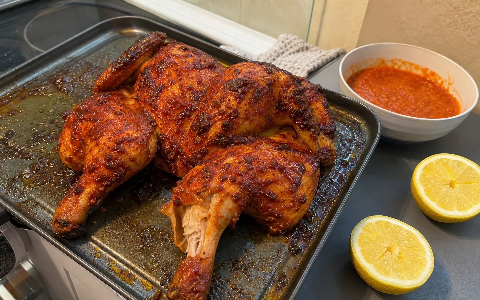 Spatchcocked peri-peri chicken with charred red-orange skin in a practical roasting tray