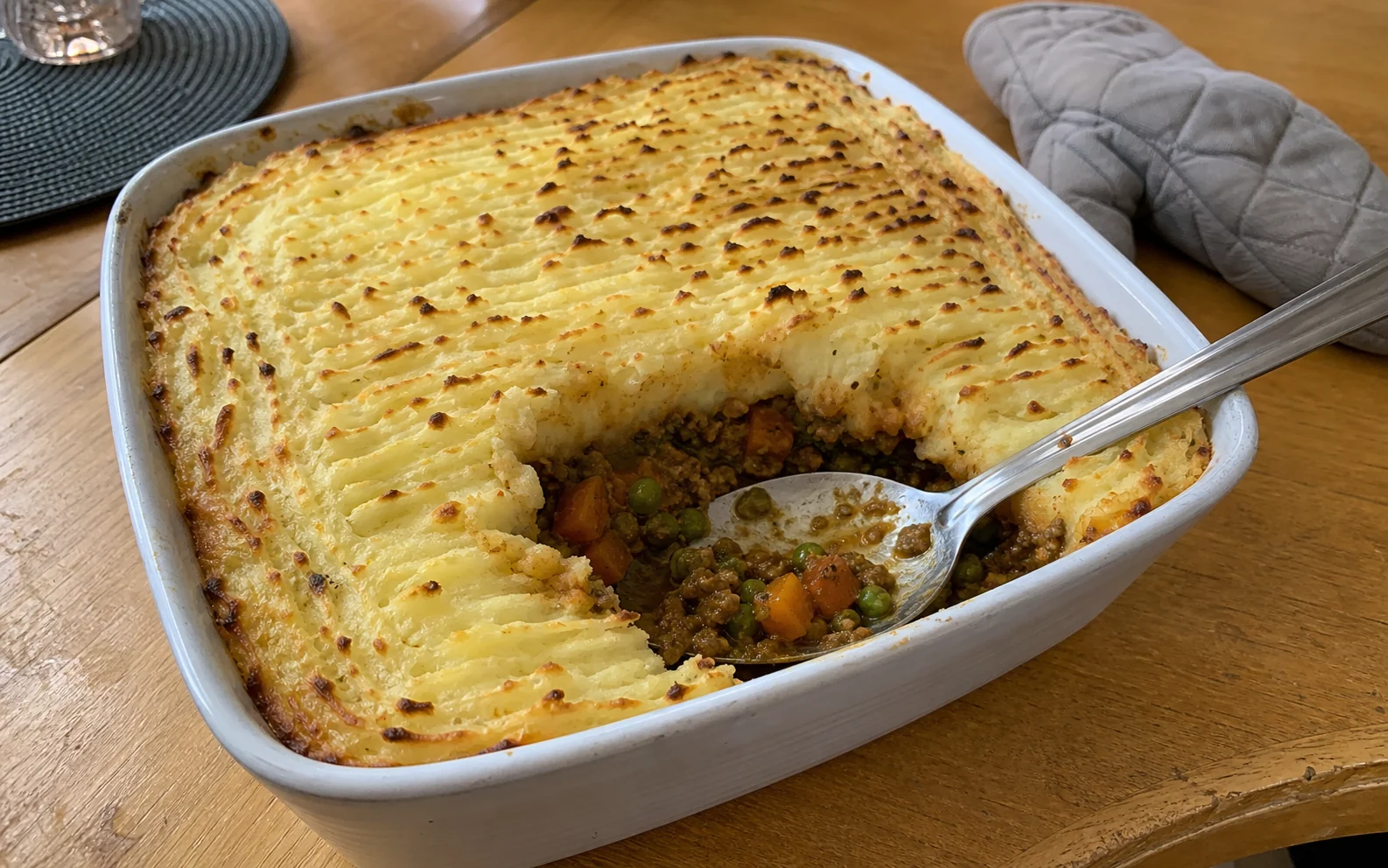 British-Indian shepherd's pie with browned mashed potato and exposed spiced keema filling