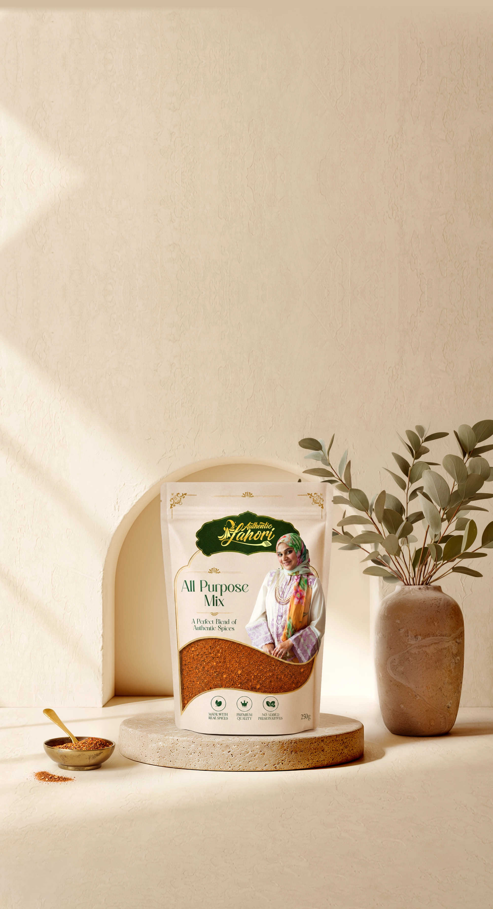 Authentic Lahori All Purpose Mix pouch in an arched niche with a brass bowl of the spice blend