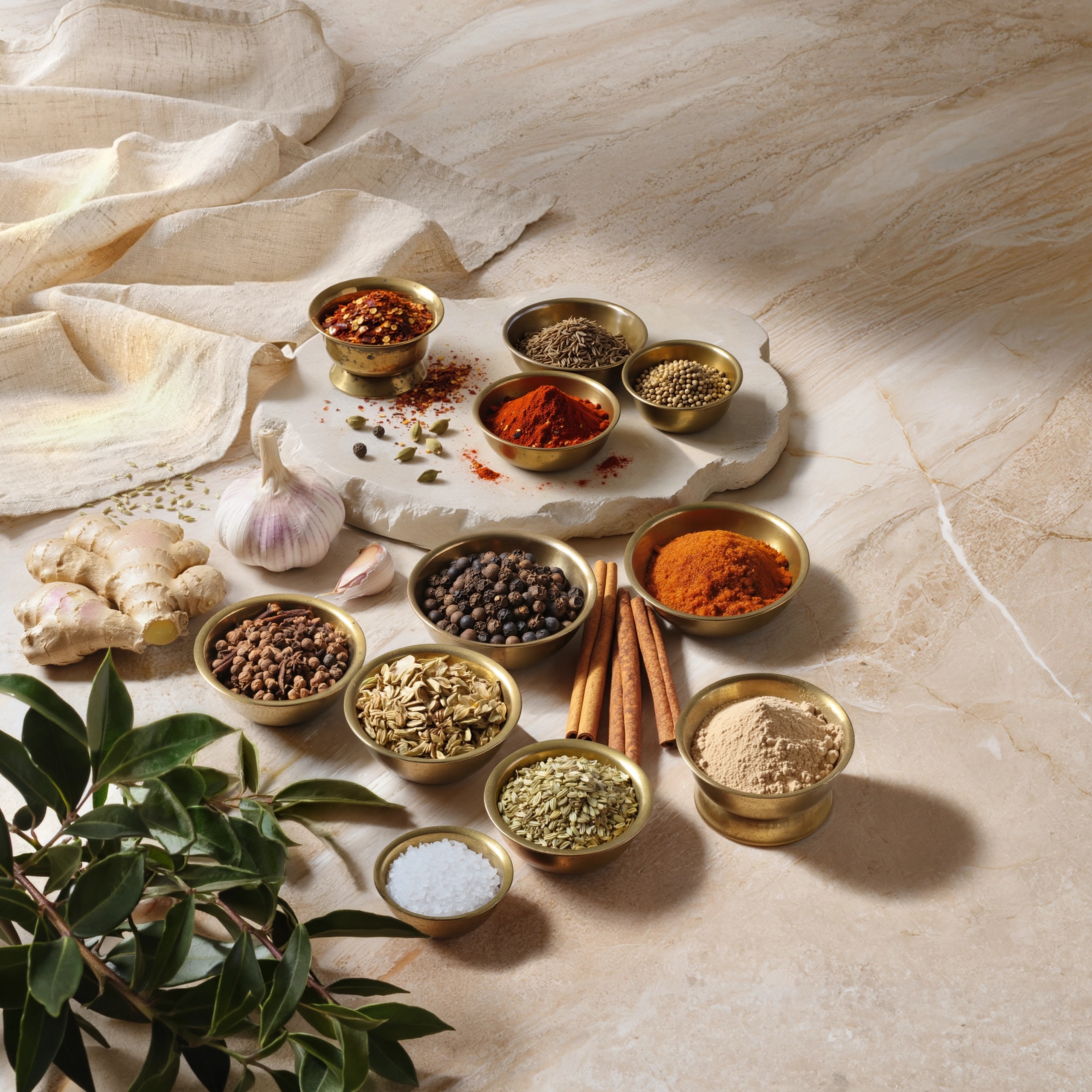A spread of the real spices in the Authentic Lahori All Purpose Mix – cumin, coriander, red chilli, paprika, black pepper, cardamom, cinnamon, garlic, ginger and more in brass bowls on cream marble