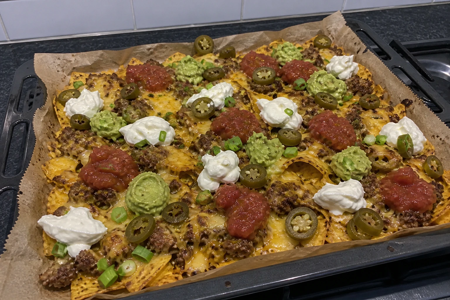 Hot baked beef nachos finished with separate spoonfuls of cool salsa guacamole and sour cream