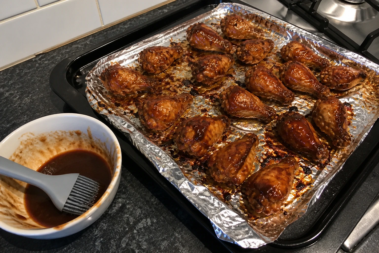 Barbecue chicken wings with a tacky first glaze layer set on a messy foil-lined tray